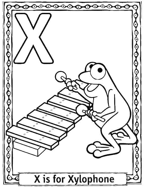 Название: Раскраска Лягушка играет на ксилофоне. Категория: Английский алфавит. Теги: ляшука, ксилофон.