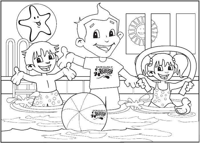 Coloring Children playing in the pool. Category Coloring pages for kids. Tags:  swimming pool, children.