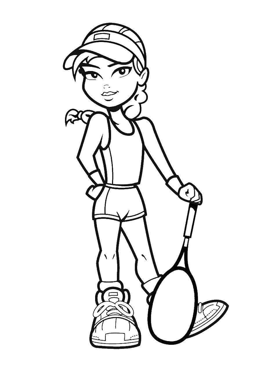 Название: Раскраска Девочка с ракеткой для большого тенниса. Категория: спорт. Теги: Спорт, теннис, ракетка.