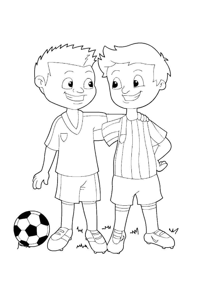 Название: Раскраска Два мальчика стоят на поле для футбола. Категория: спорт. Теги: Спорт, футбол, мяч, дети.