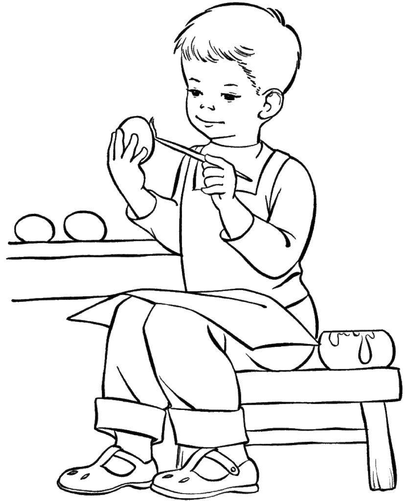 Название: Раскраска Мальчик красит пасхальные яйца. Категория: пасха. Теги: пасха, яйца, кролик.