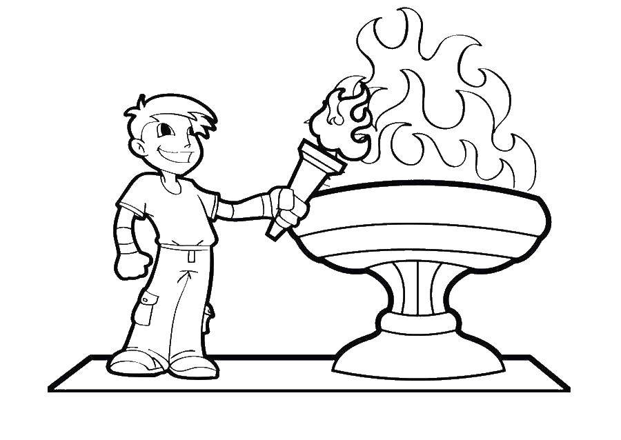 Название: Раскраска Мальчик зажёг факел олимпийского огня. Категория: спорт. Теги: Спорт, олимпиада, факел.