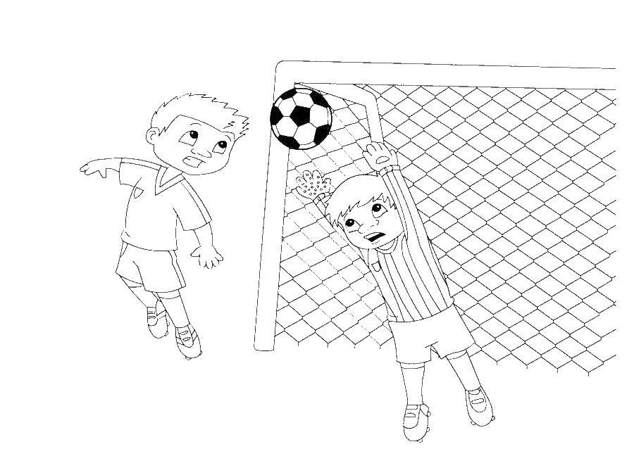 Название: Раскраска Вратарь ловит мяч у ворот. Категория: спорт. Теги: Спорт, футбол, мяч, игра, вратарь.