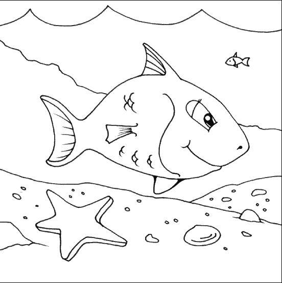 Название: Раскраска Рыба плывет под водой. Категория: рыбы. Теги: Океан, рыбы, морская звезда.