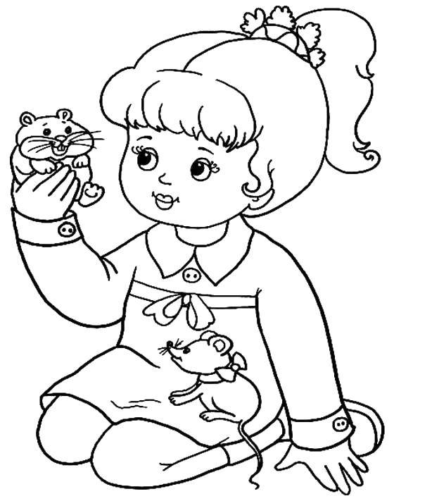 Название: Раскраска Девочка играет с хомяком и мышкой. Категория: игры. Теги: Дети, животные, игры.
