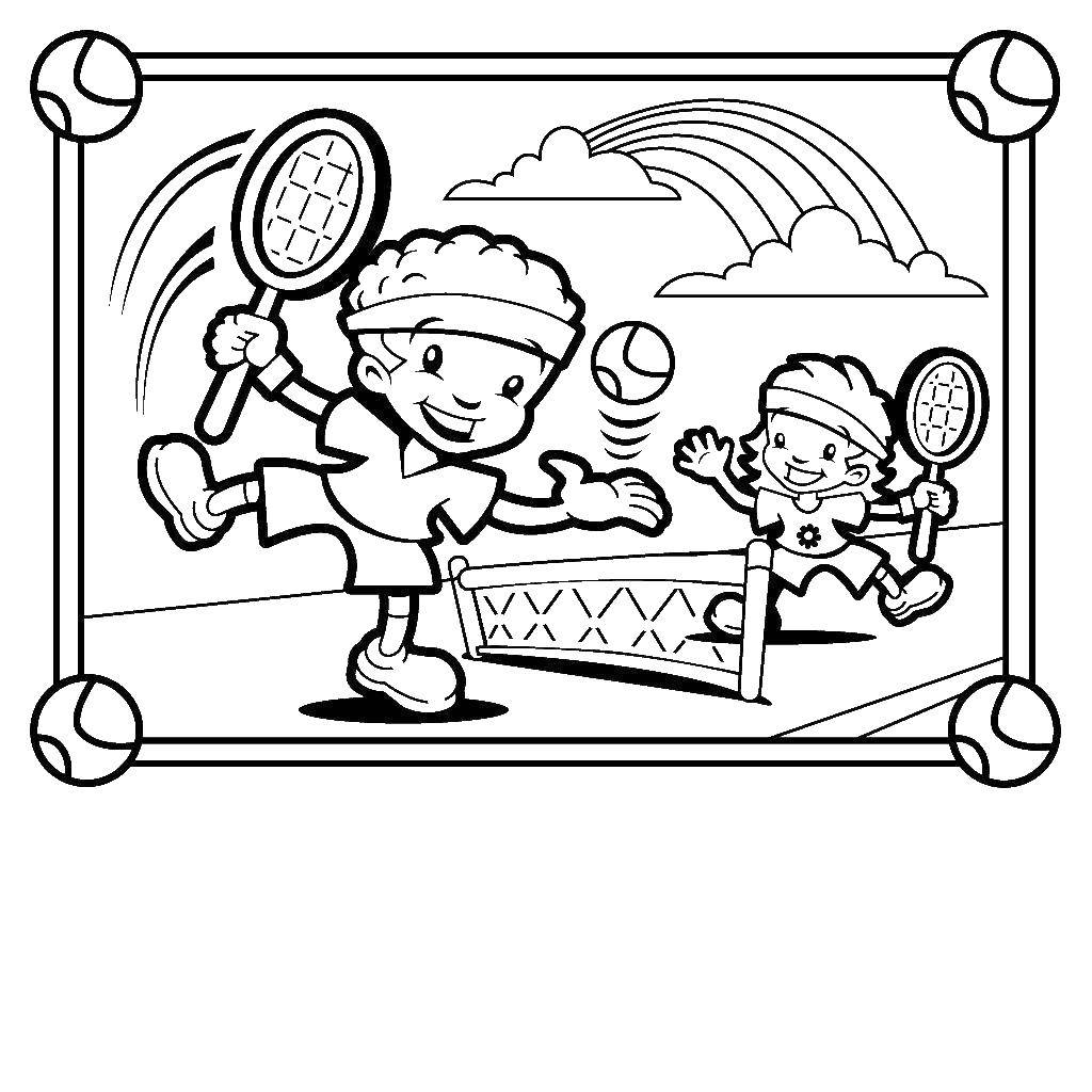 Название: Раскраска Мальчик и девочка играют в большой теннис. Категория: спорт. Теги: Спорт, теннис, игра, дети.