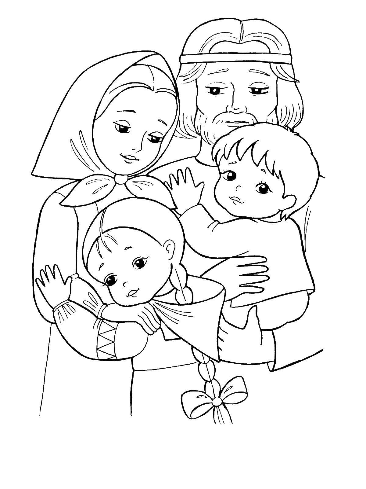 Название: Раскраска Родители обнимают своих детей. Категория: Семья. Теги: Семья, родители, дети.