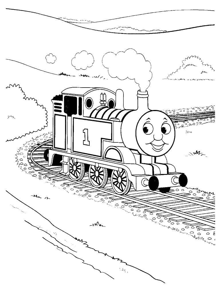Название: Раскраска Паровозик томас едит по рельсам. Категория: поезд. Теги: Томас, паровоз.