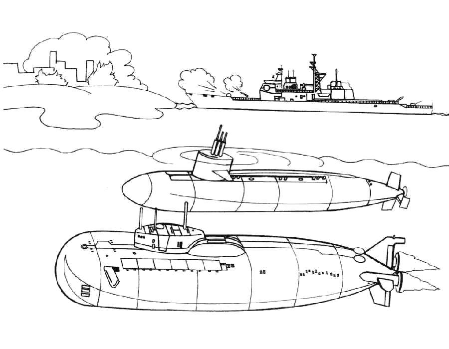 Название: Раскраска Подводные лодки и корабль. Категория: военное. Теги: Подводные лодки, корабль.