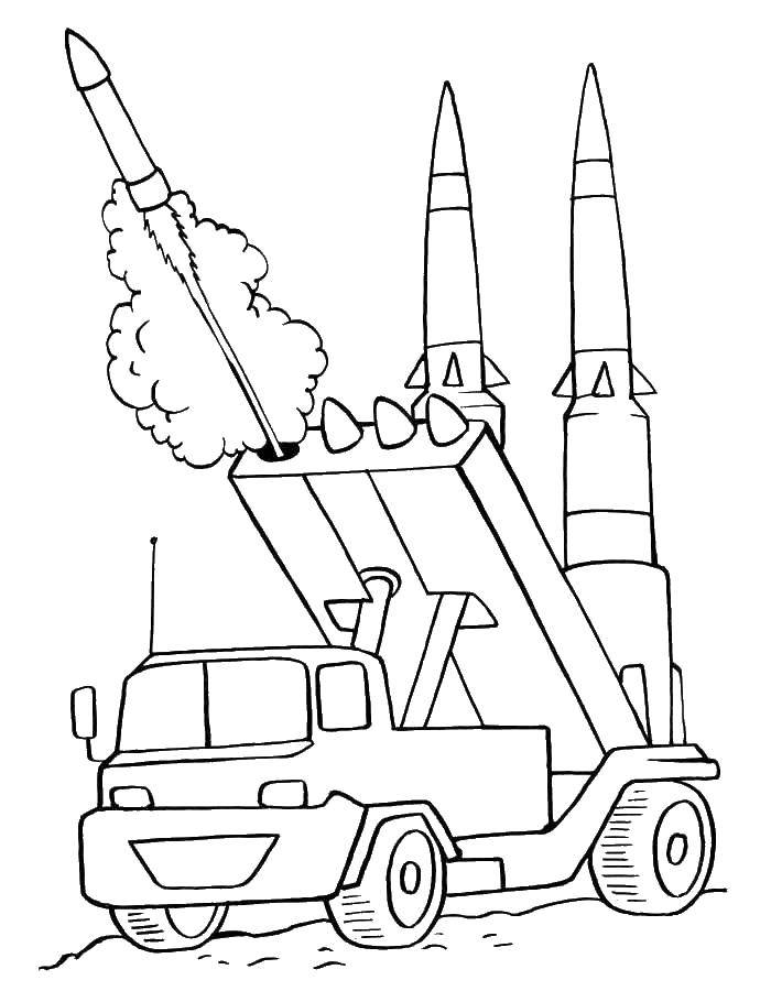 Название: Раскраска Военная машины выпускает ракеты. Категория: машины. Теги: Машина, военная, ракеты, грузовик.