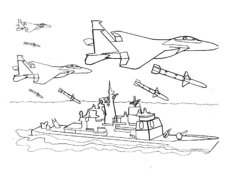 Название: Раскраска Военные самолеты сбрасывают ракеты на пароход. Категория: военное. Теги: Военное, пароход, самолёты, ракеты.