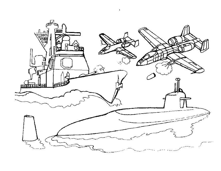 Название: Раскраска Военные самолеты сбрасывают ракеты на пароход. Категория: самолеты. Теги: Пароход, самолеты, подводная лодка.