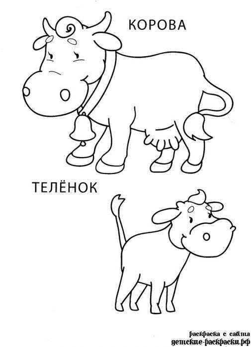 Название: Раскраска Рисунок коровы и теленка. Категория: домашние животные. Теги: корова, теленок.