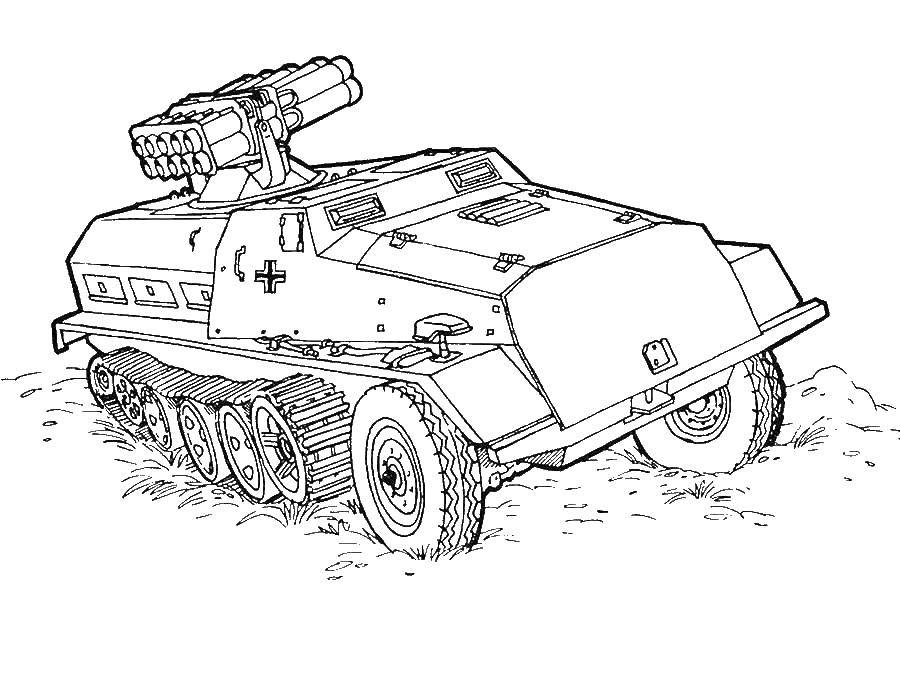 Coloring A tank with a rocket launcher. Category military. Tags:  Tank, missiles.