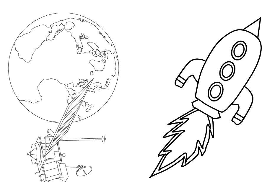 Coloring Rocket past earth. Category Space coloring pages. Tags:  Space, rocket, stars.
