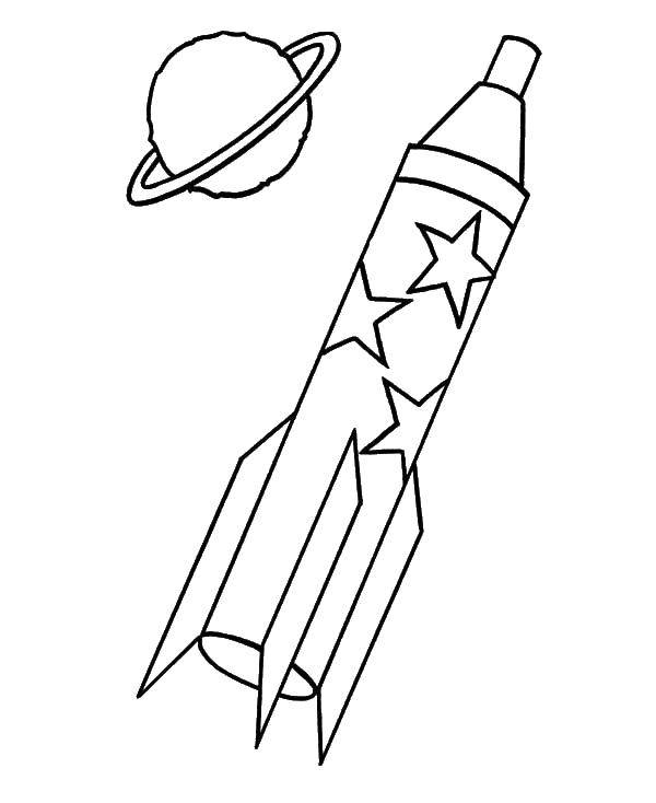 Название: Раскраска Ракета пролетает мимо сатурна. Категория: ракеты. Теги: Ракета.