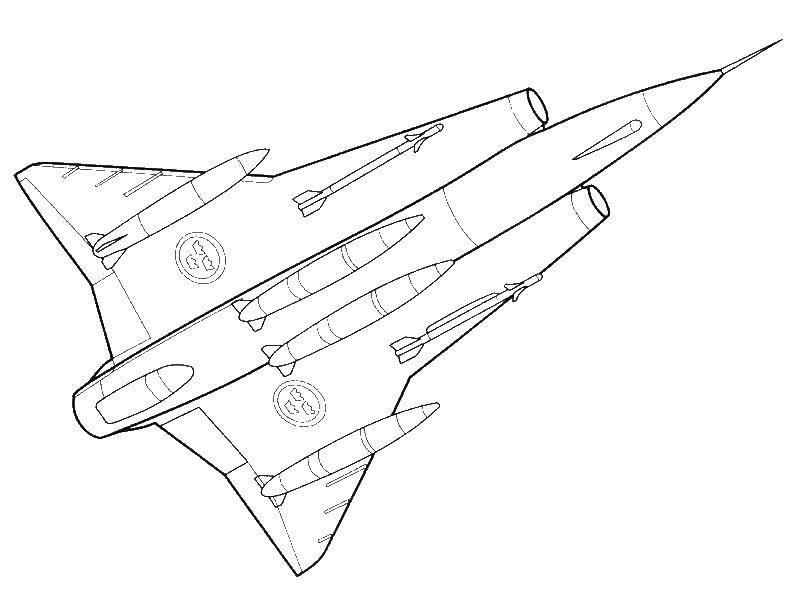Coloring Military fighter jet with missiles. Category the planes. Tags:  Aircraft, fighter.