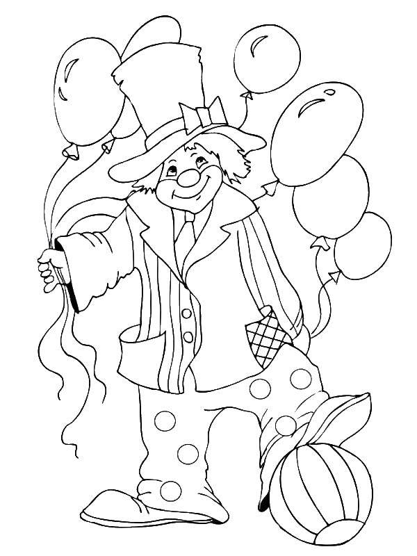 Название: Раскраска Клоун с мячом и шариками. Категория: Клоуны. Теги: Клоун, цирк, радость, веселье.