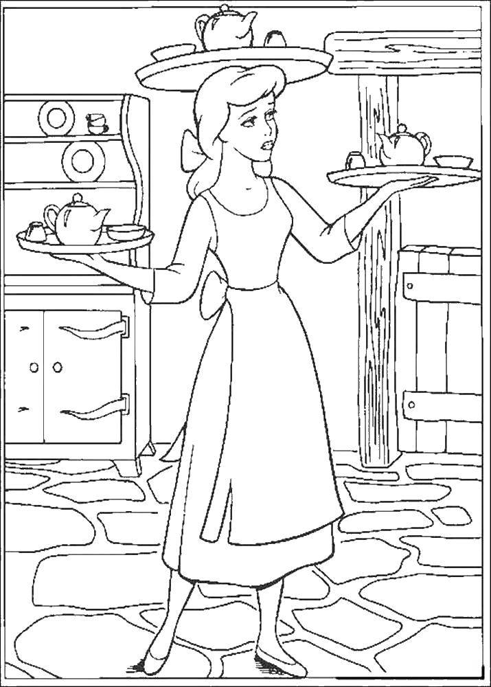 Coloring Cinderella carrying a tray with tea. Category Cinderella and the Prince. Tags:  Cinderella, tray.