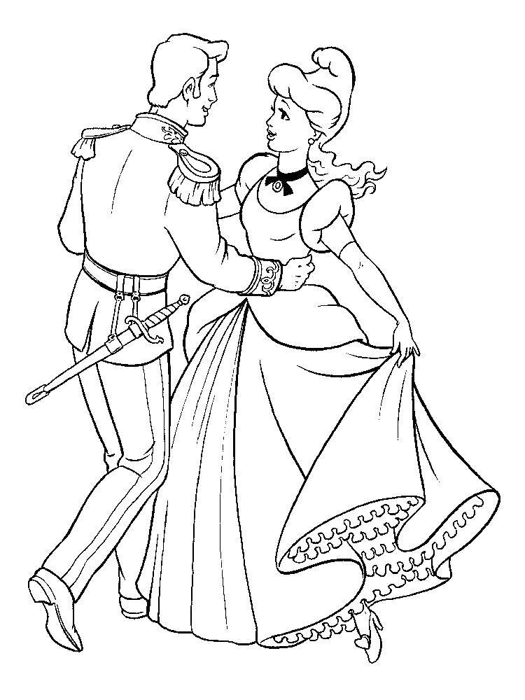 Название: Раскраска Золушка танцует с принцем на балу. Категория: золушка и принц. Теги: Золушка, принц.