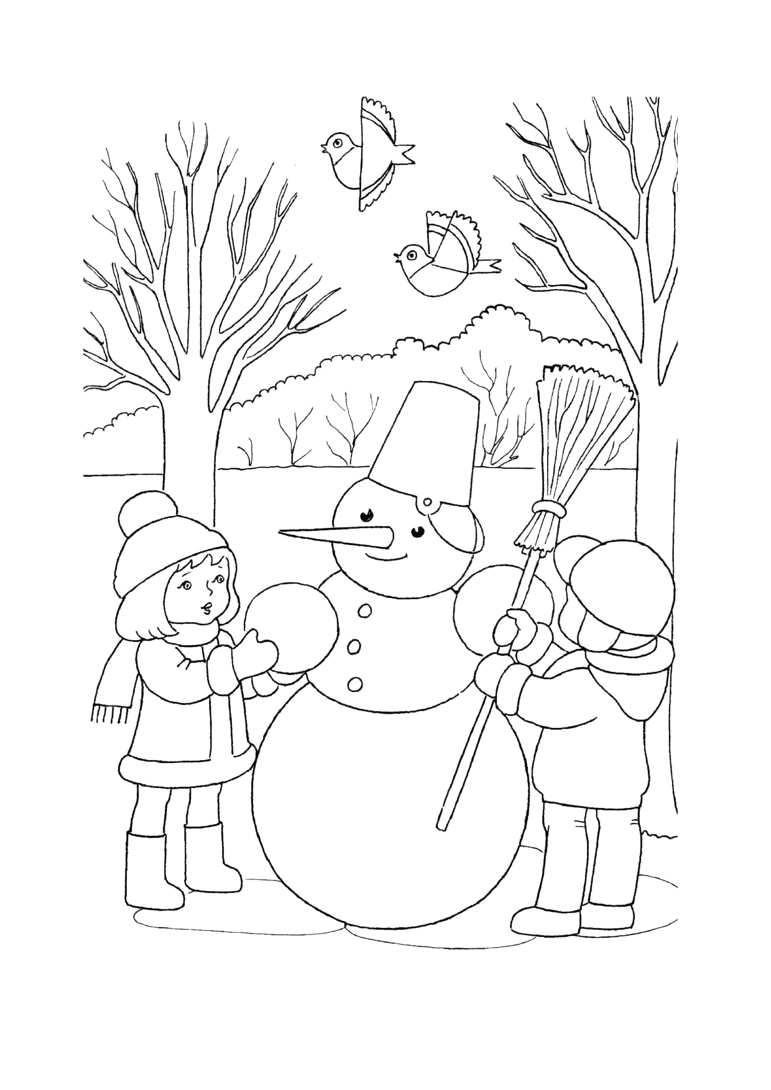 Название: Раскраска Дети лепят снеговика с метлой. Категория: зима. Теги: дети, снеговик, метла.