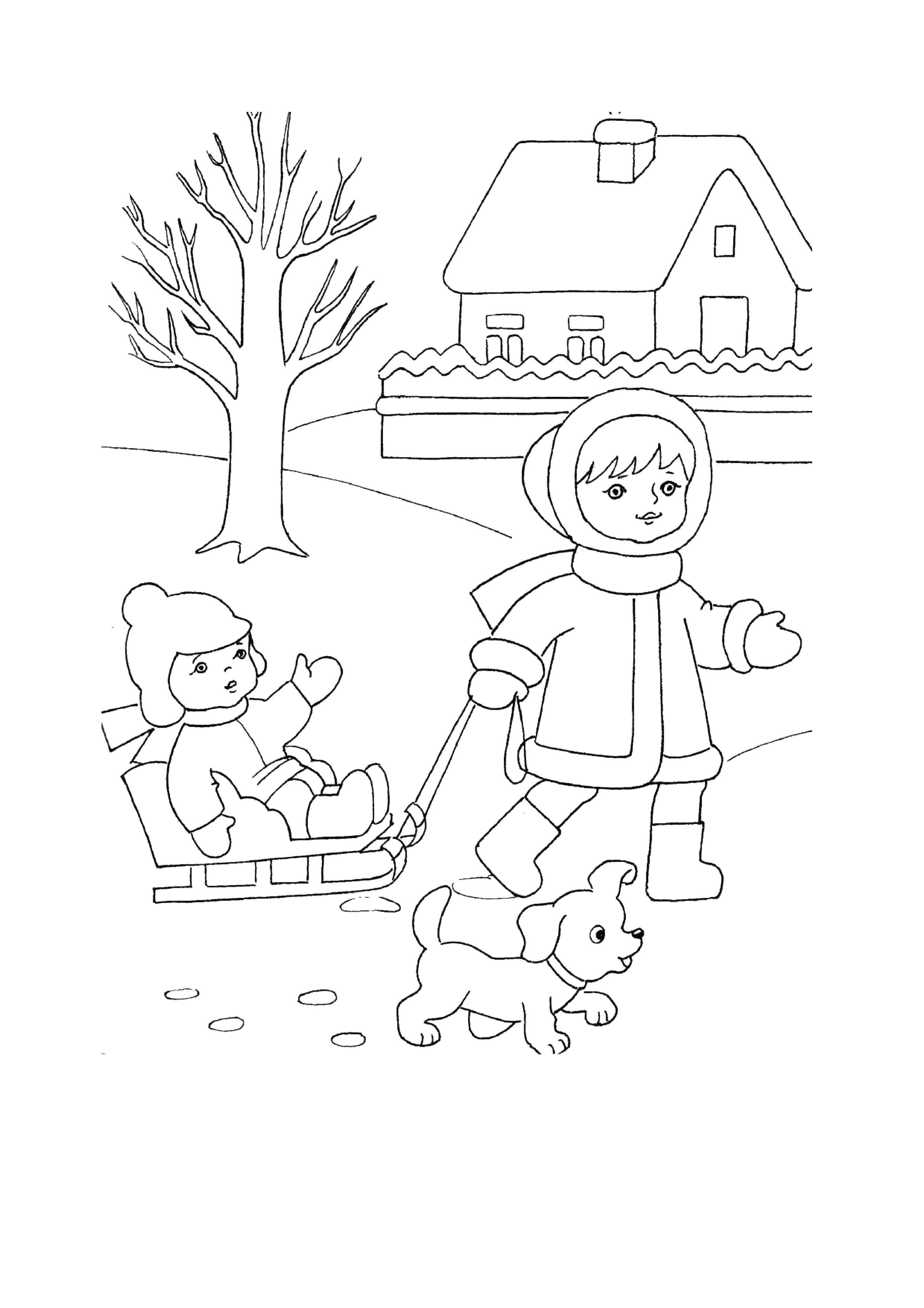 Название: Раскраска Детки гуляют зимой. Категория: зима. Теги: детки, собака, сани.