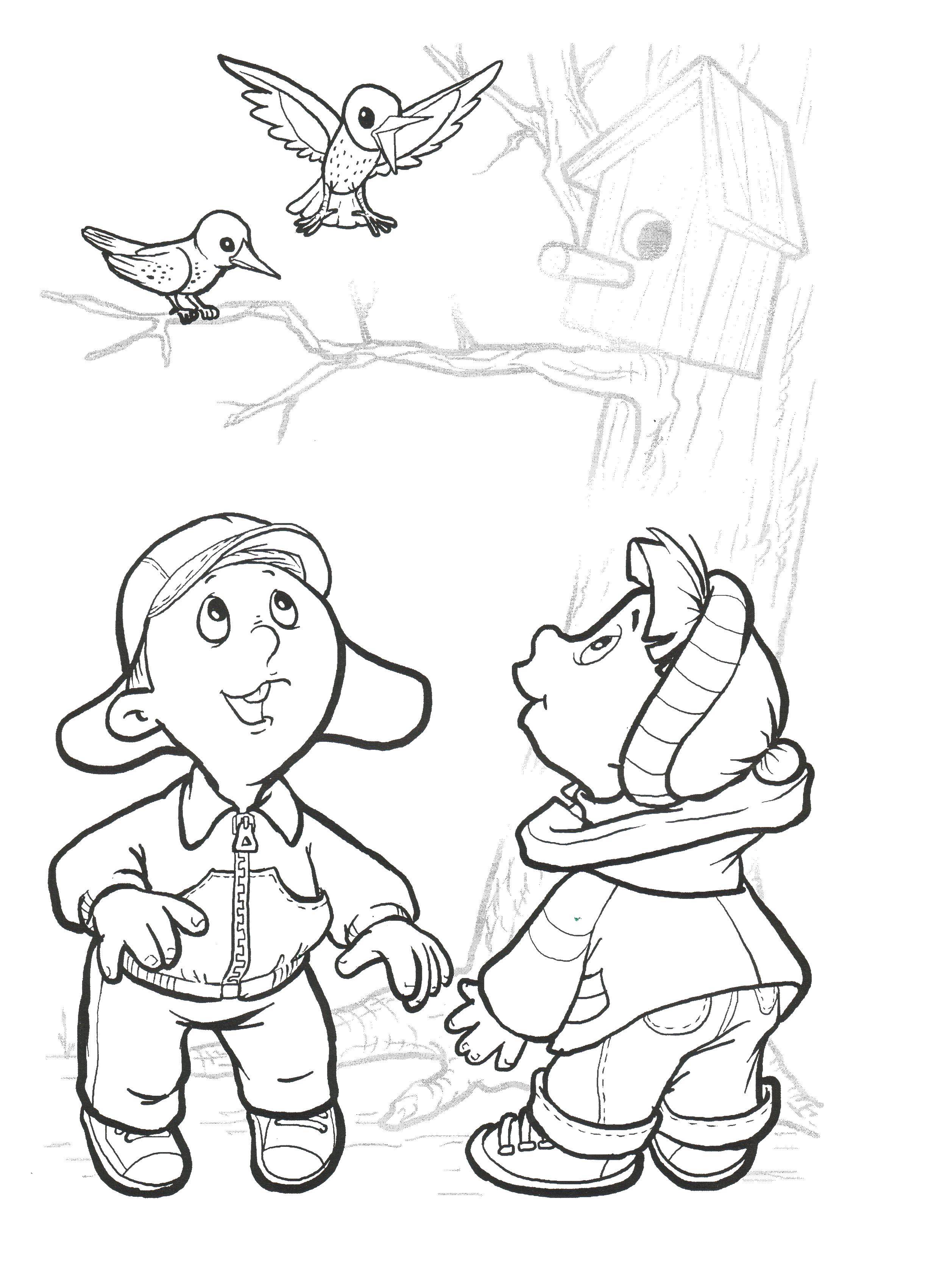 Coloring Kids and starlings. Category spring. Tags:  children, starlings, birdhouse.
