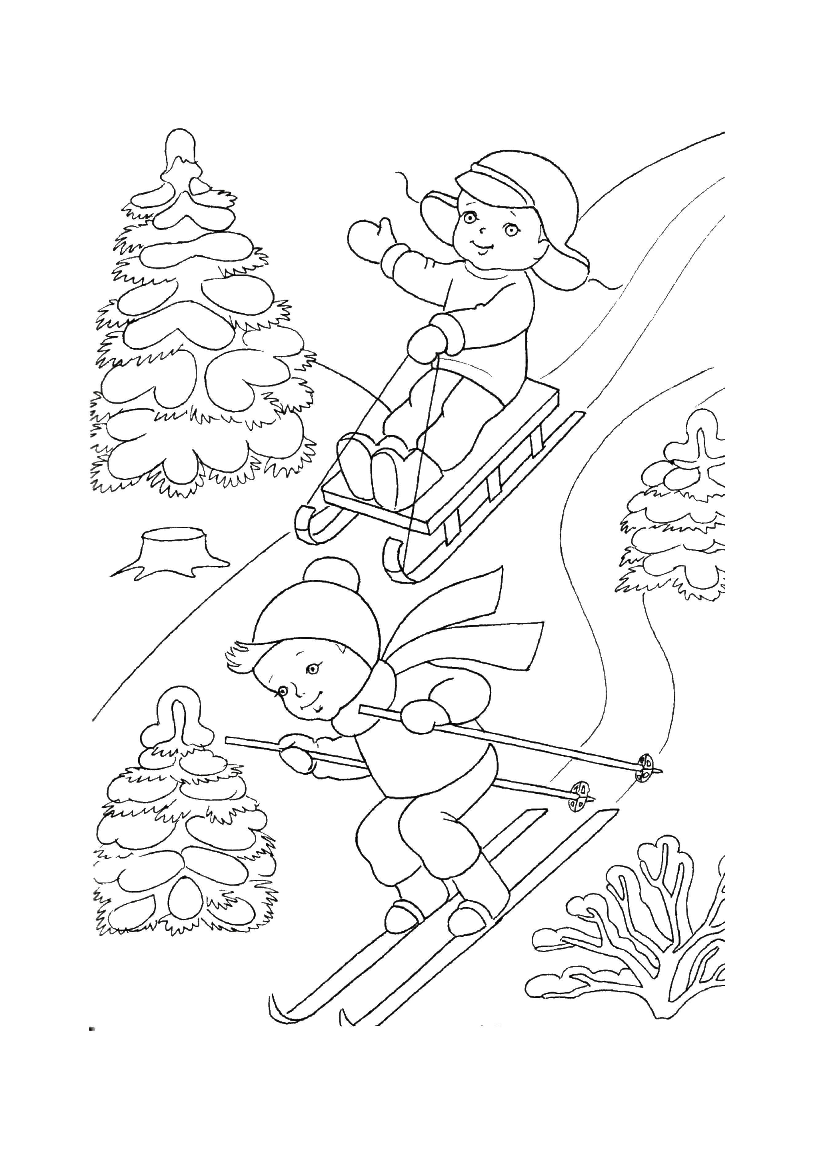 Название: Раскраска Детки катаются с горки. Категория: зима. Теги: детки, горка, лыжи, санки.