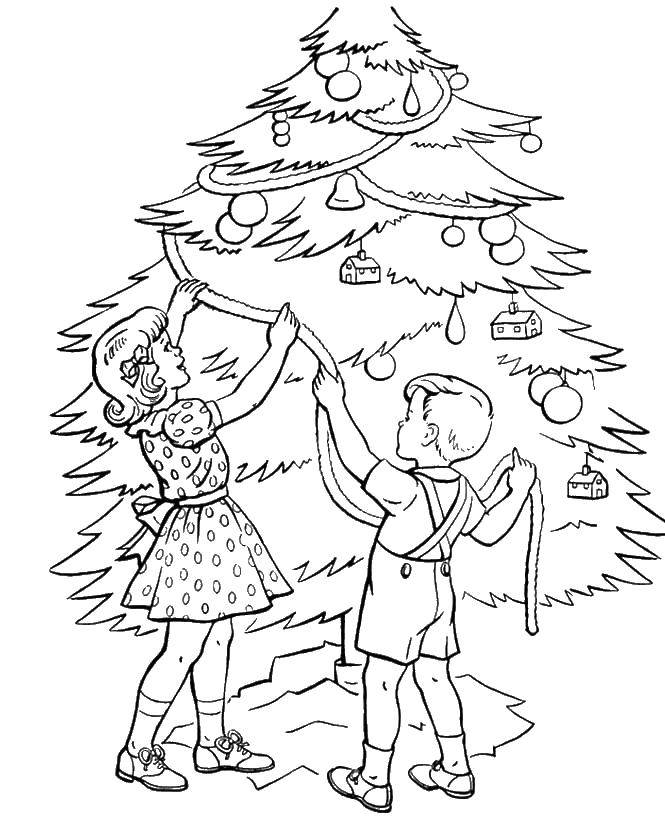 Coloring Kids decorate the Christmas tree. Category coloring Christmas tree. Tags:  kids, tree, toys.