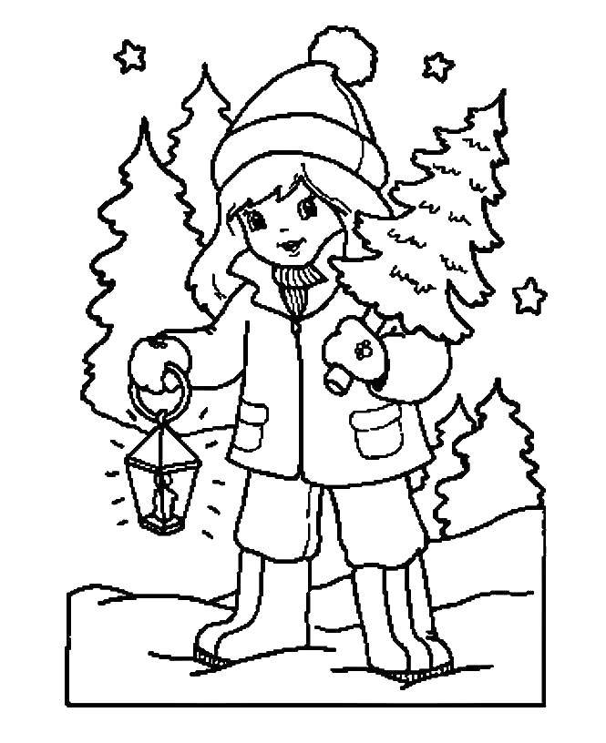 Coloring Girl with fir. Category coloring Christmas tree. Tags:  girl, fir.