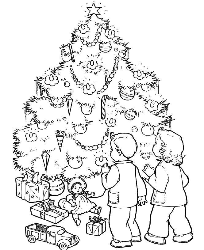 Название: Раскраска Игрушки под рождественской елкой. Категория: раскраски елки. Теги: игрушки, рождество, дети.