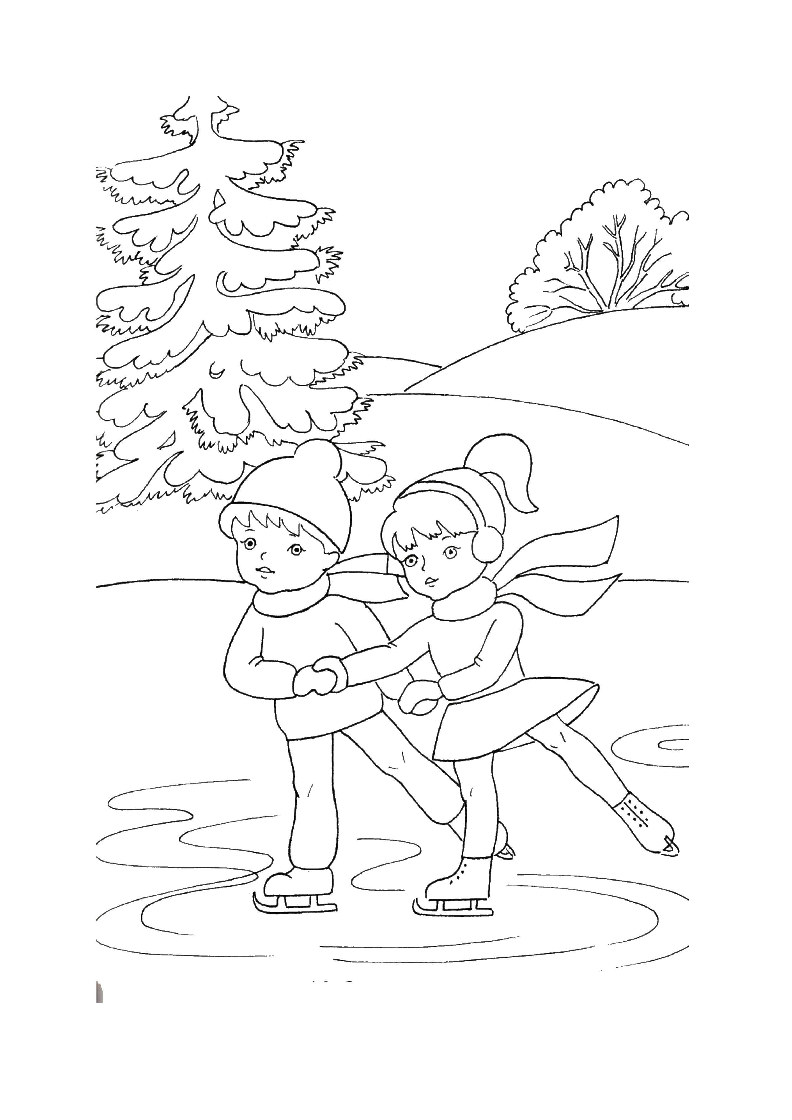 Название: Раскраска Мальчик и девочка на льду. Категория: зима. Теги: каток, мальчик, девочка.