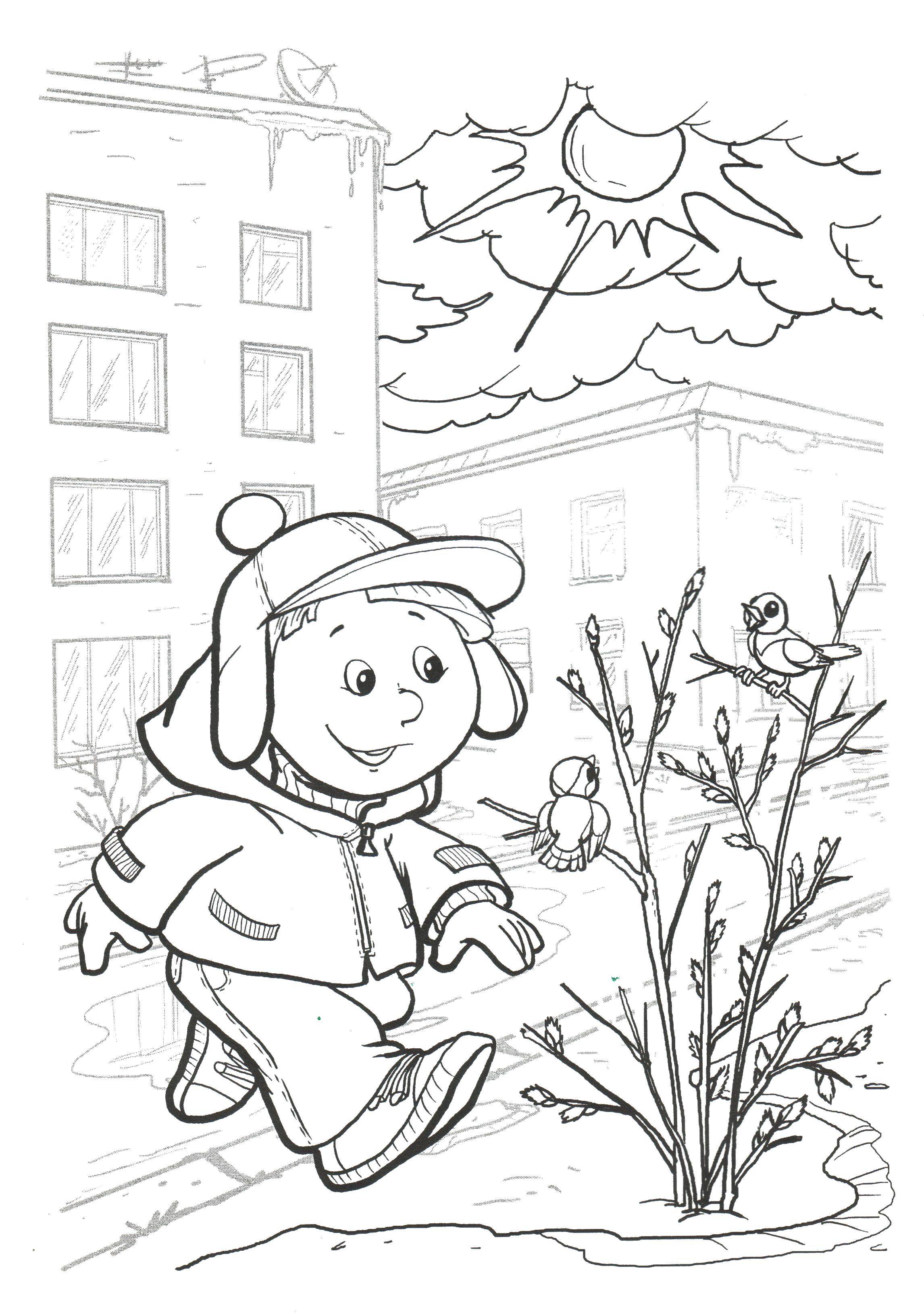 Coloring A boy with a bird on a tree. Category spring. Tags:  boy, spring, birds.