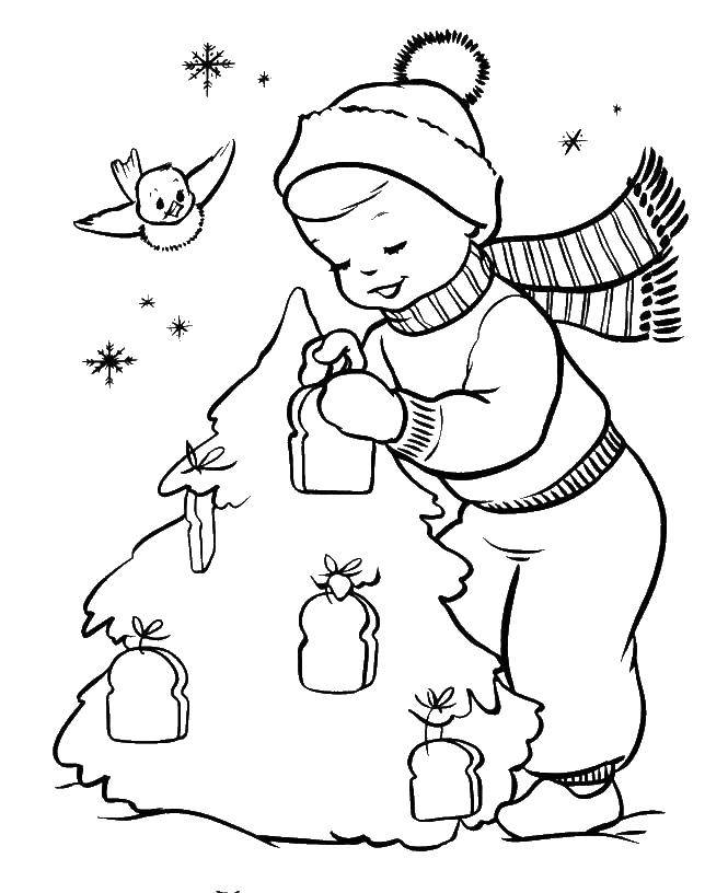 Coloring Boy decorates. Category coloring Christmas tree. Tags:  Decoration, fir tree, boy.