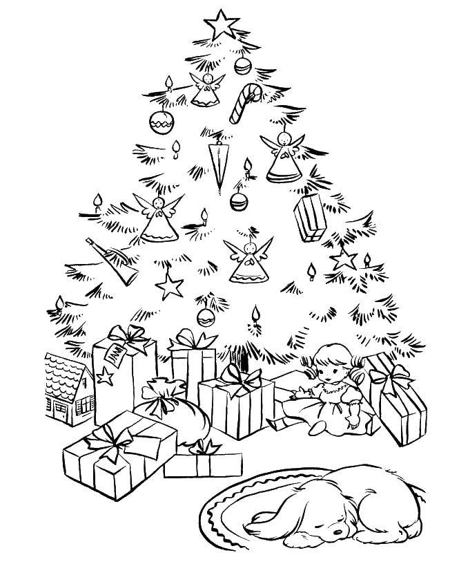 Название: Раскраска Подарки под ёлкой. Категория: раскраски елки. Теги: Подарки, елка, щенок.