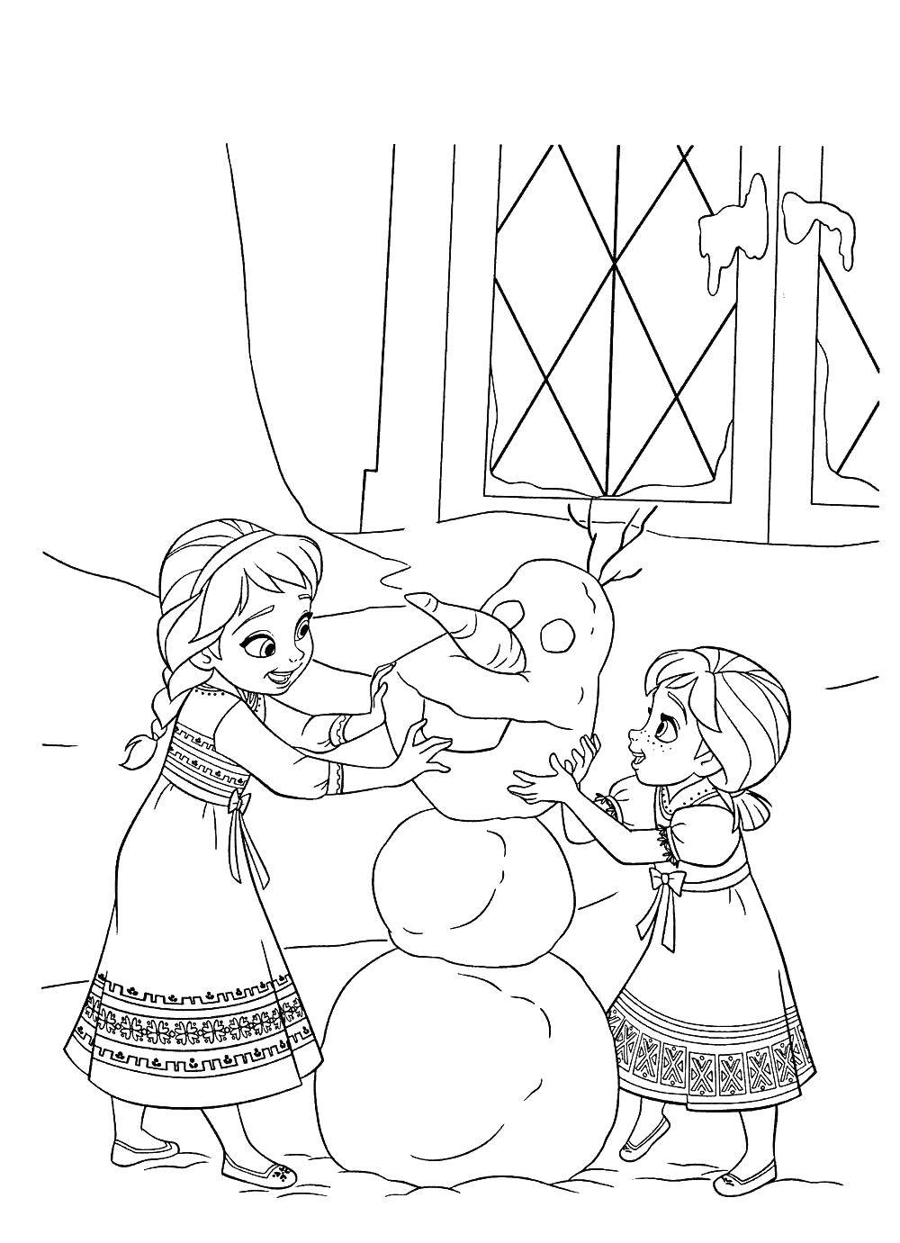Название: Раскраска Сестрички лепят снеговика. Категория: раскраски холодное сердце. Теги: Дисней, Эльза, Холодное сердце, принцесса.