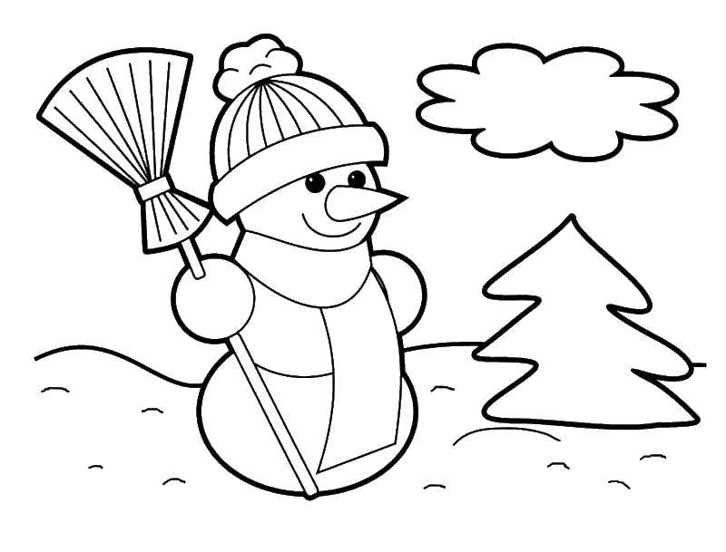 Название: Раскраска Снеговик с елью. Категория: снеговик. Теги: снеговик, ель, облако.