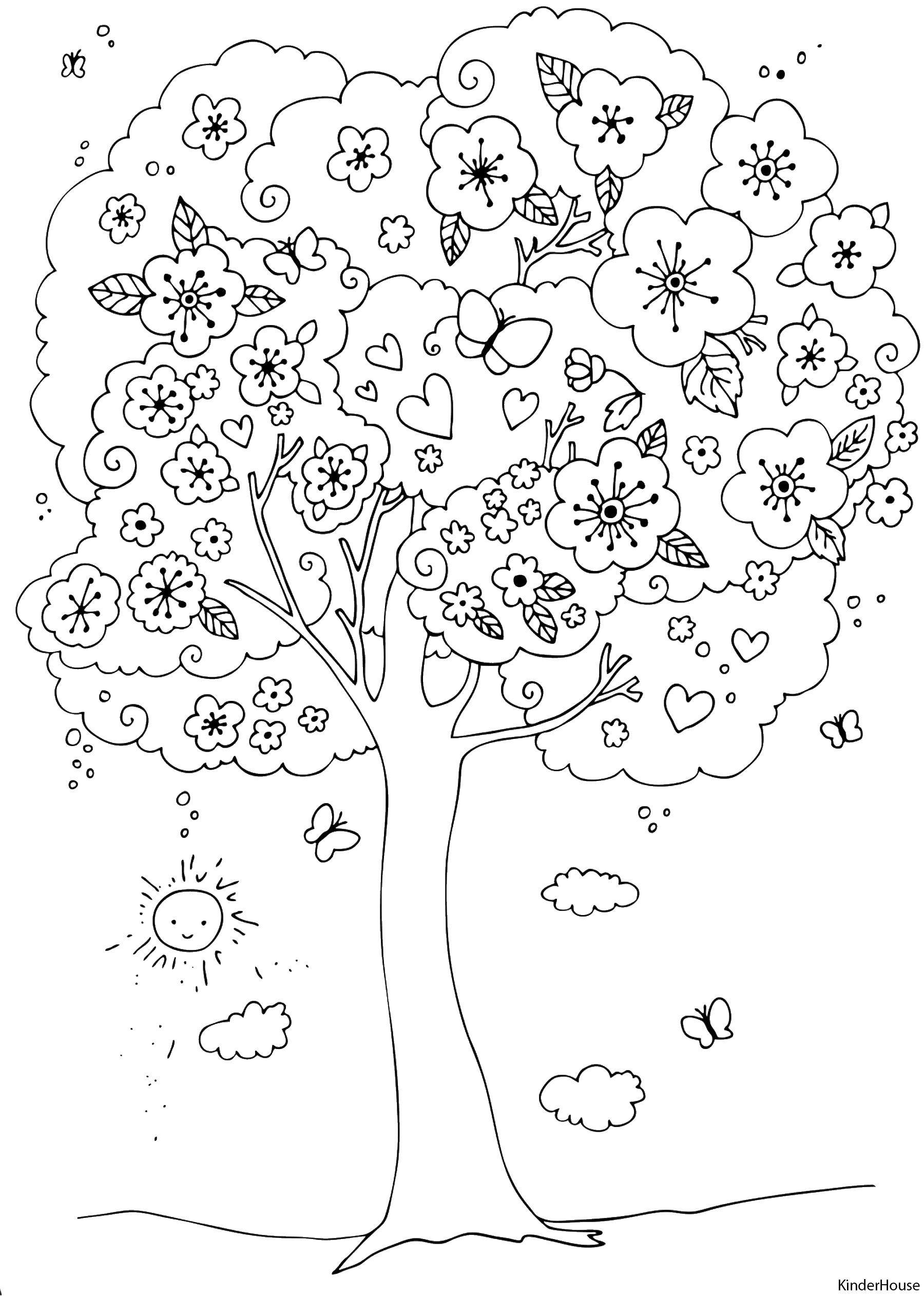 Название: Раскраска Весеннее деревце. Категория: весна. Теги: Весна, цветы, тепло.