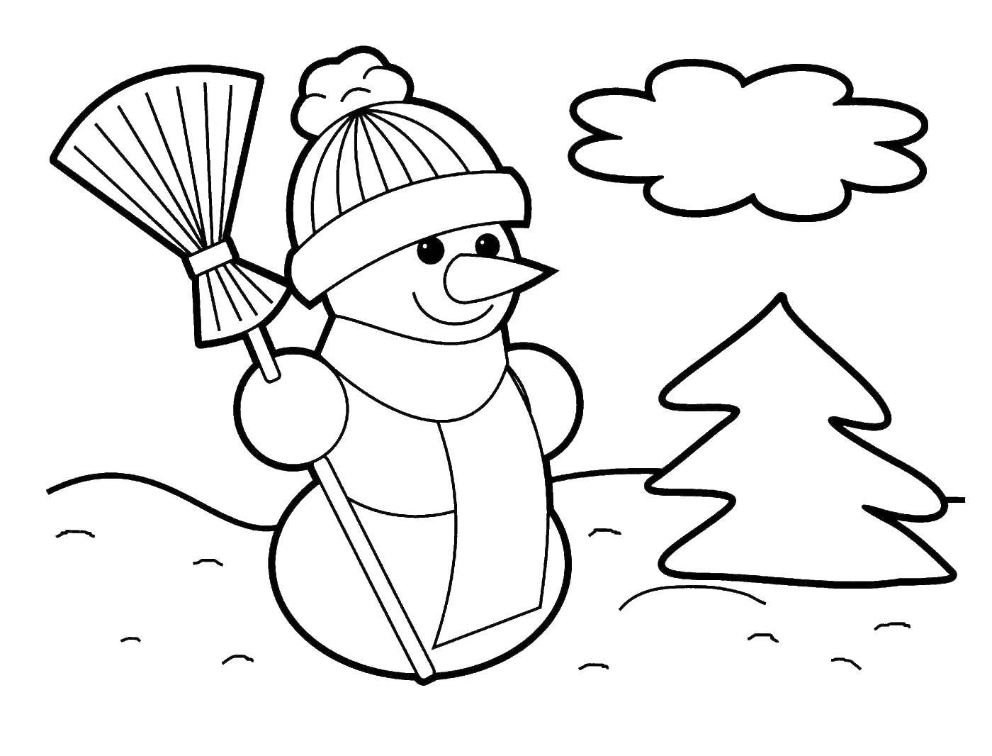 Раскраска Снеговик и елочка Скачать ,снеговик,метла,елка,.  Распечатать 