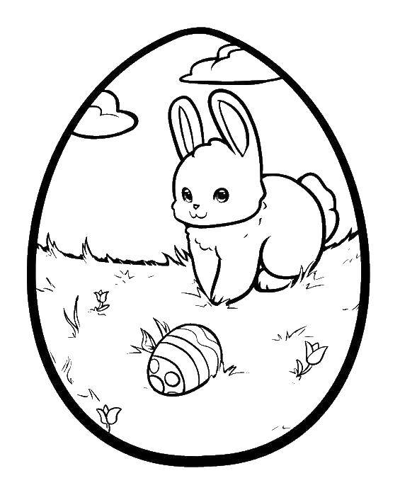 Название: Раскраска Пасхальное яйцо с рисунком зайца нашедшего яйцо. Категория: пасхальные яйца. Теги: пасхальные яйца.