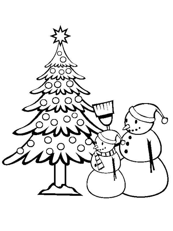 Coloring Snowmen at the Christmas tree. Category coloring Christmas tree. Tags:  tree, new year, snowman.