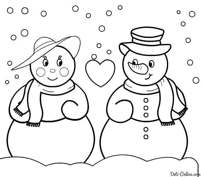 Название: Раскраска Влюбленные снеговики. Категория: снеговик. Теги: снеговики, любовь.
