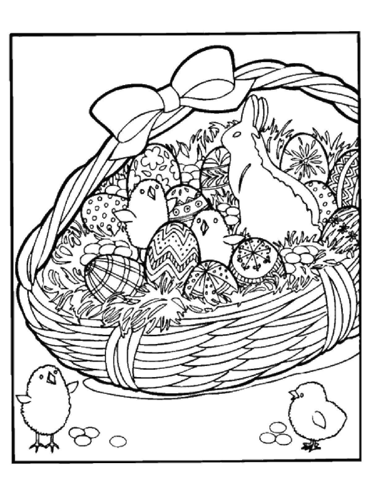 Название: Раскраска Корзинка с птенцами и яйцами. Категория: раскраски пасха. Теги: Пасха, яйца, цыплята.
