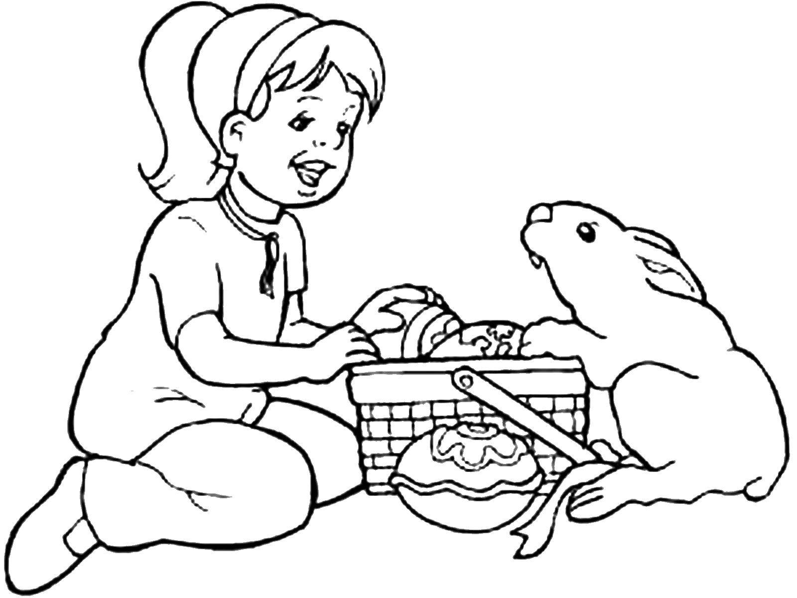 Название: Раскраска Кролик и девочка. Категория: дети. Теги: дети, девочка, кролик.