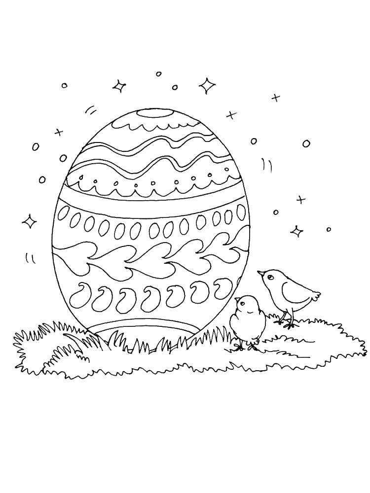 Название: Раскраска Пасхальное яйцо и цыплята. Категория: раскраски пасха. Теги: пасхальное яйцо, цыплята.