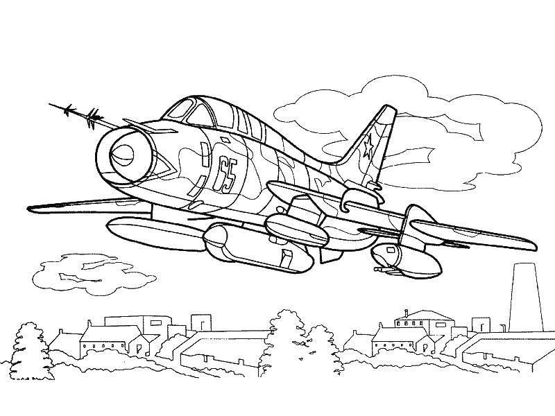 Coloring Plane over the city. Category the planes. Tags:  aircraft, vehicles, military.
