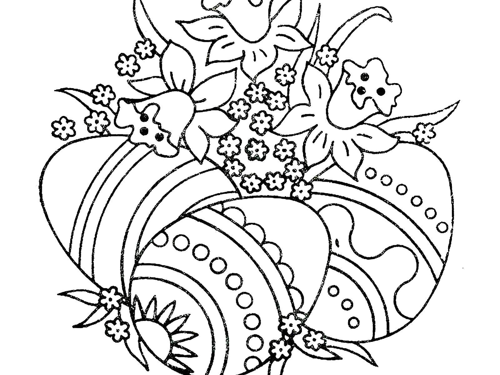 Название: Раскраска Три расписных яйца и цветы. Категория: раскраски пасха. Теги: яйца, цветы.