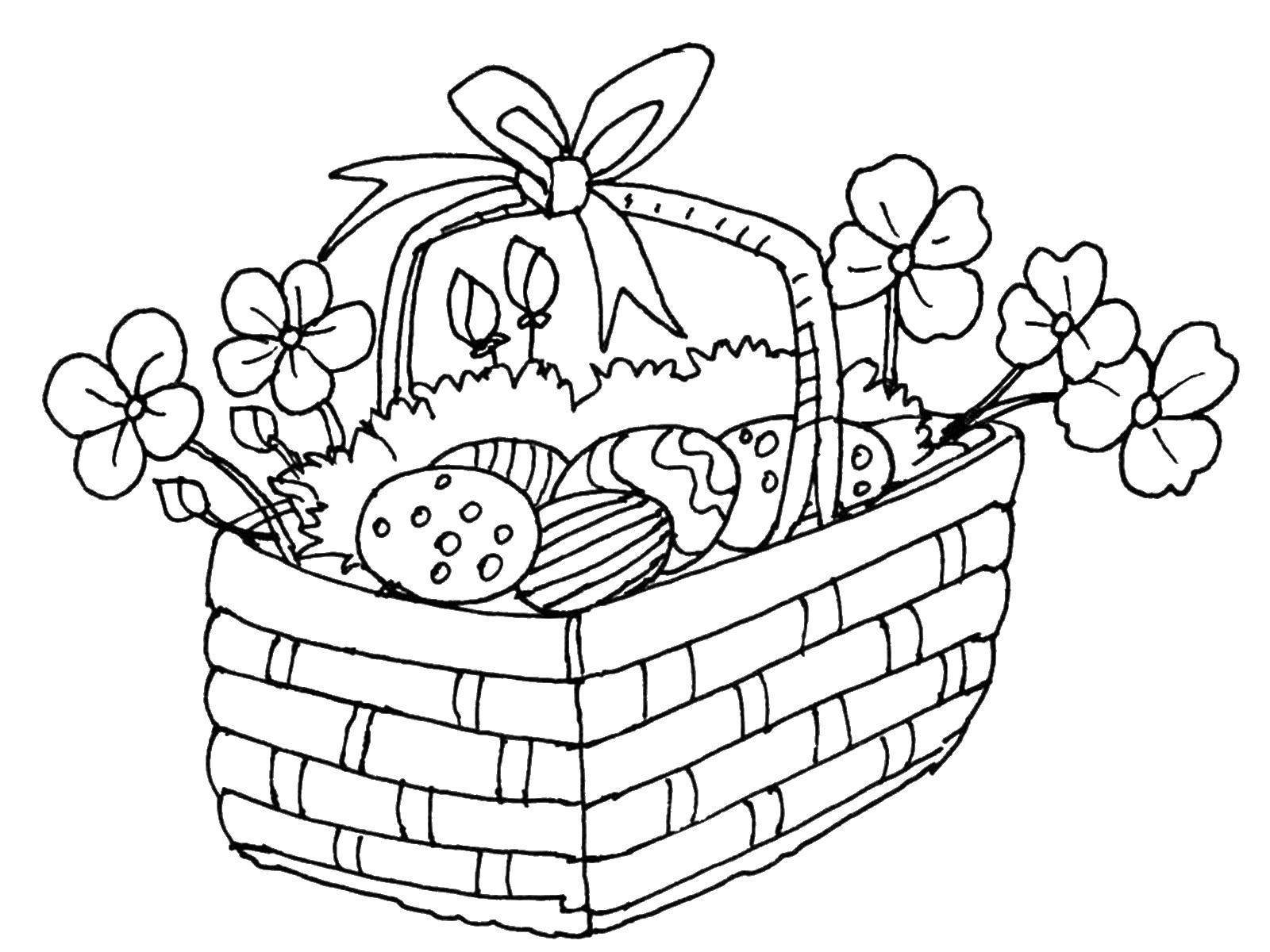 Название: Раскраска Корзина с пасхальными яйцами и цветами. Категория: раскраски пасха. Теги: пасхальные яйца, корзина, пасха.