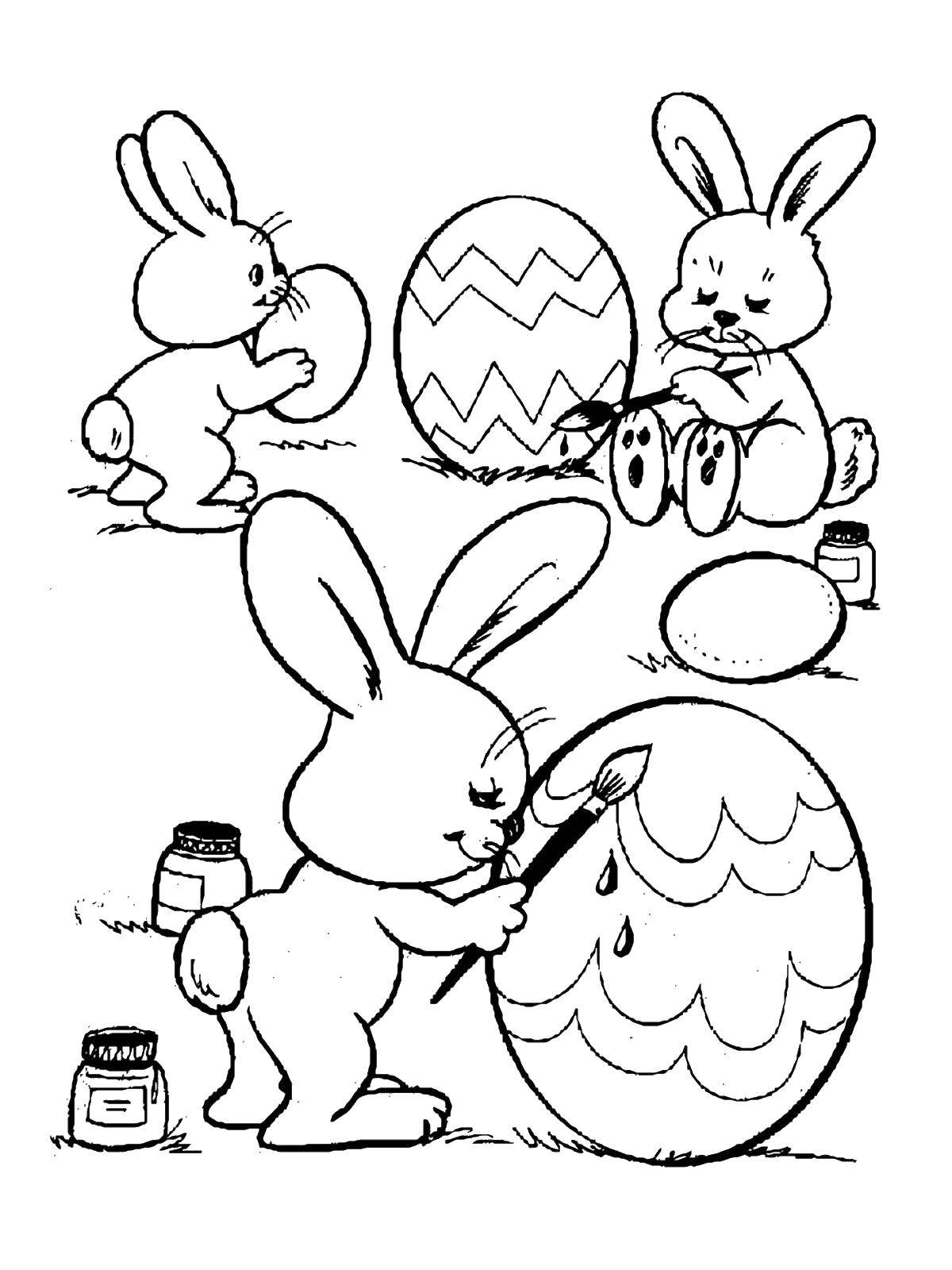 Название: Раскраска Крольчата красят яички. Категория: раскраски пасха. Теги: Пасха, яйца, узоры, кролик.