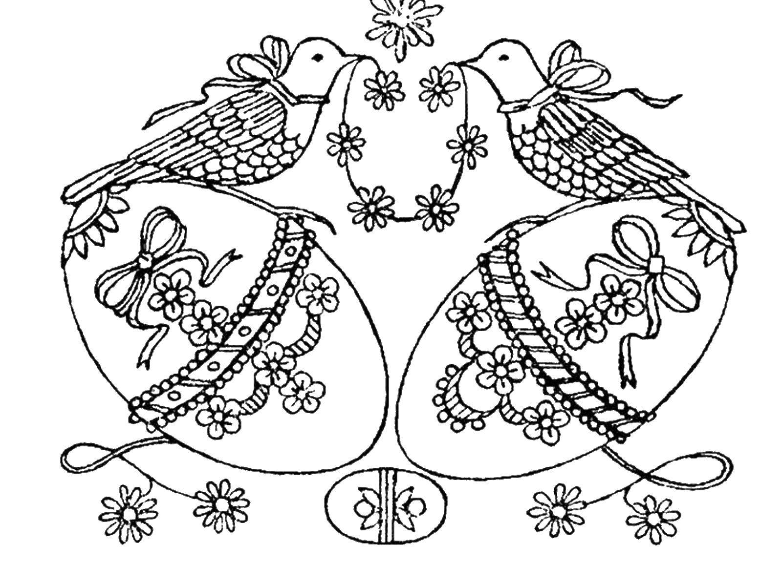 Название: Раскраска Птички на яйцах пасхальных. Категория: раскраски пасха. Теги: пасха, яйца, птицы.